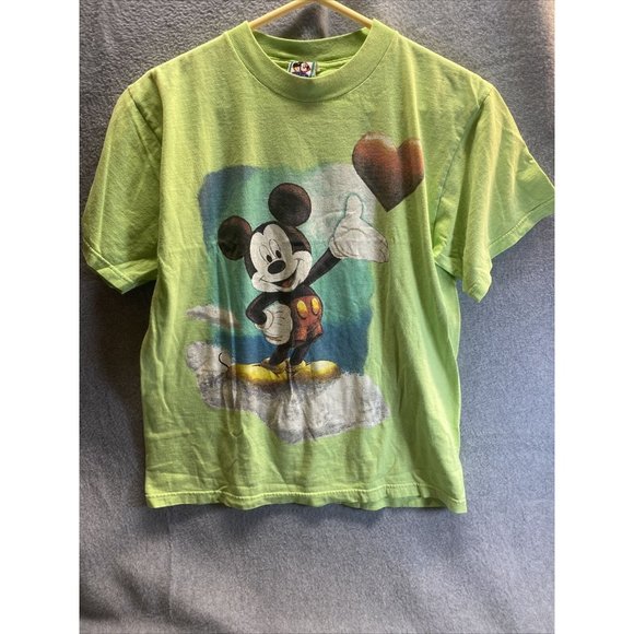 THE WALT DISNEY CO Kids XL(18-20) Lime Green SHIRT Mickey Mouse Crew Neck Heart - Picture 1 of 5